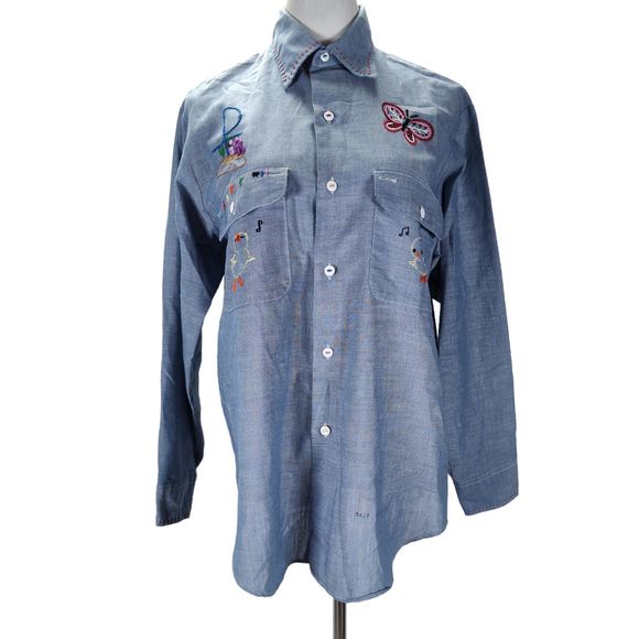 Vintage 70s Embroidered Work Shirt Size L Chambray De Colores Chicken - Picture 2 of 16